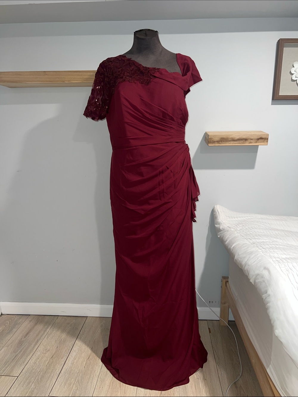 Elegant Burgundy floral applique dress One-Shoulder Evening gown with corset bac